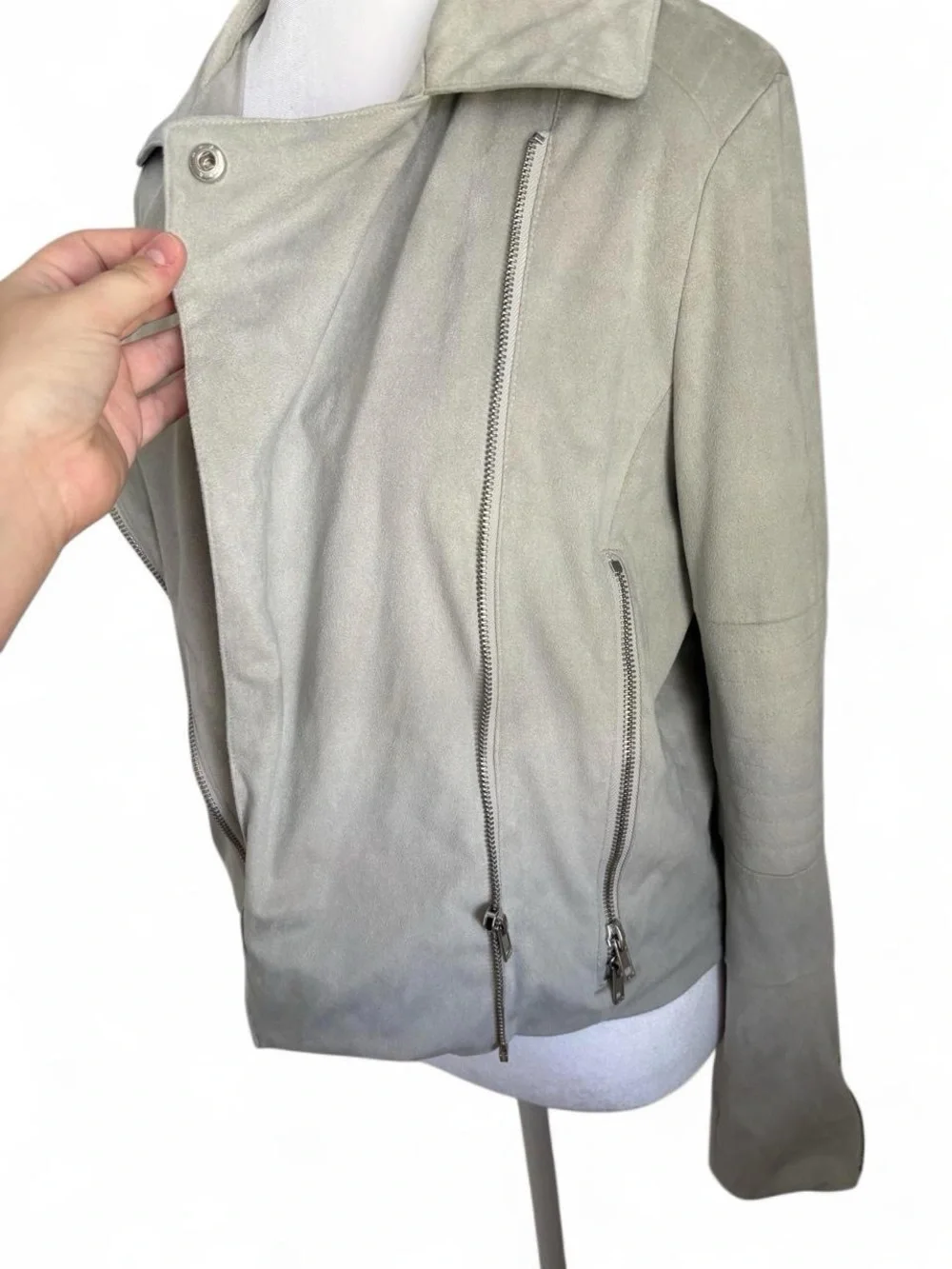 Shinestar Grey Draped Leather Faux Leather Jacket
